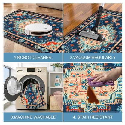 Navy Blue Coral Tribal 2x3 Entry Rug,Washable Small Rugs for Entryway Kitchen Bathroom Door Mat Indoor Entrance,Non Slip Rubber Backing,Stain & Fade Resistant,Bohemian Southwestern Decor