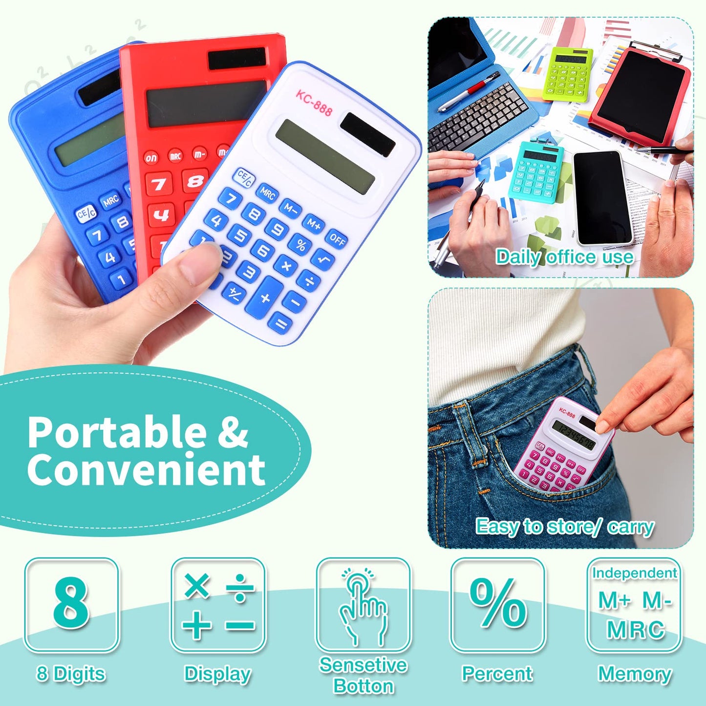 Yunsailing 48 Pcs Pocket Calculators Bulk Mini 8 Digit Handheld Calculator Small Basic Standard Calculator for Students Kids Teachers School Desktop Home Office, 3 Designs (Classic)