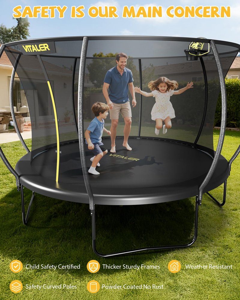 Vitaler Trampoline Outdoor 12FT with Basketball Hoop and Net Enclosure, Recreational Trampolines for Kids and Adults, Outdoor Backyard Trampoline with Anti-Rust Coated Frame, ASTM Approved