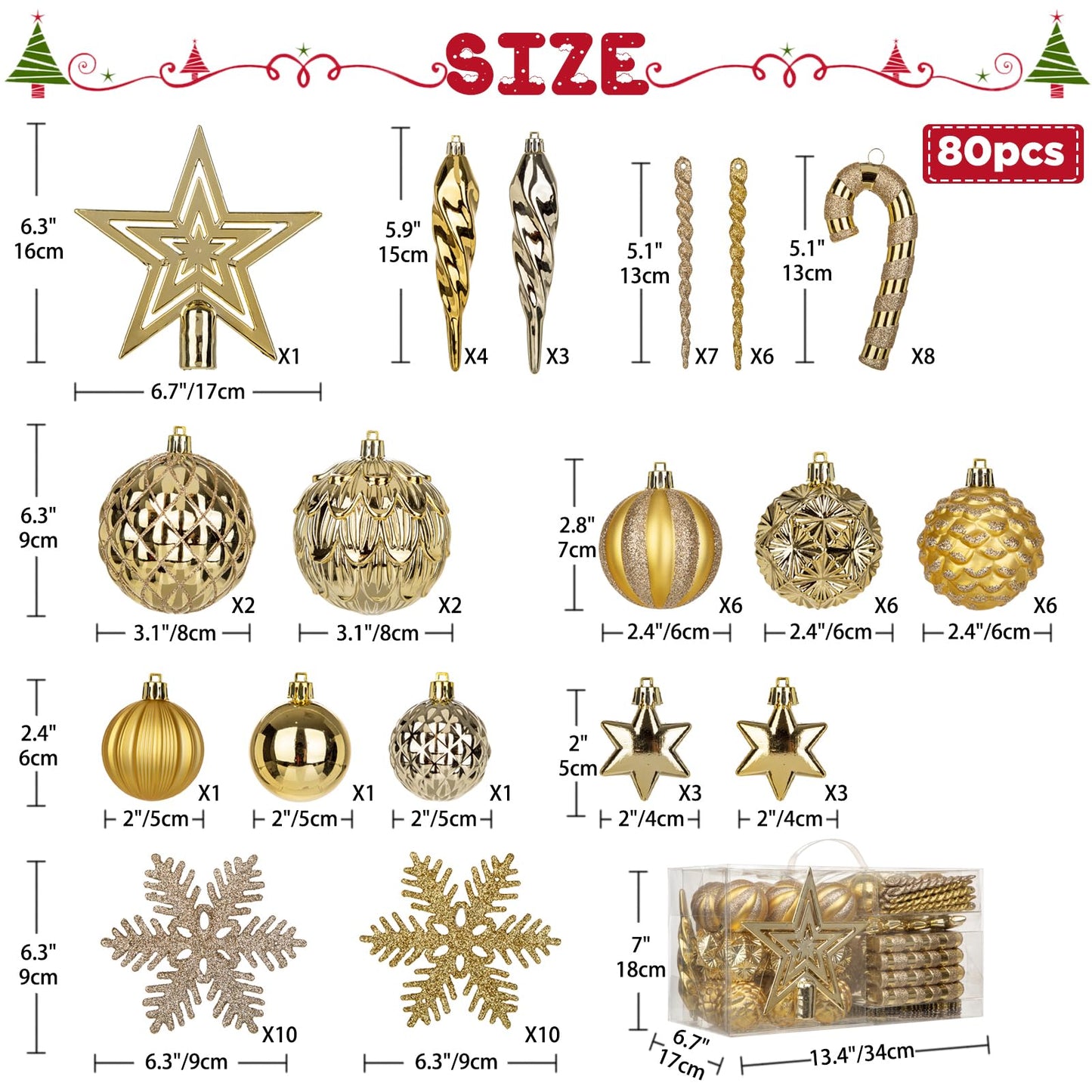 Briful 80ct Gold Christmas Balls Ornament Set, Plastic Shatterproof Christmas Ornament Balls with Tree Topper Candy Canes Snowflakes for Xmas Tree Wreath Garland Decor