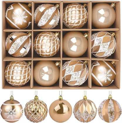 EveryMerry 12-Pack 3.15 Inch Christmas Ornaments Set - Champagne White Ornament Balls with 5 Various Designs with Strings, Sturdy, Kraft Box with Lid for Xmas Tree, Holiday Party & Home Decor