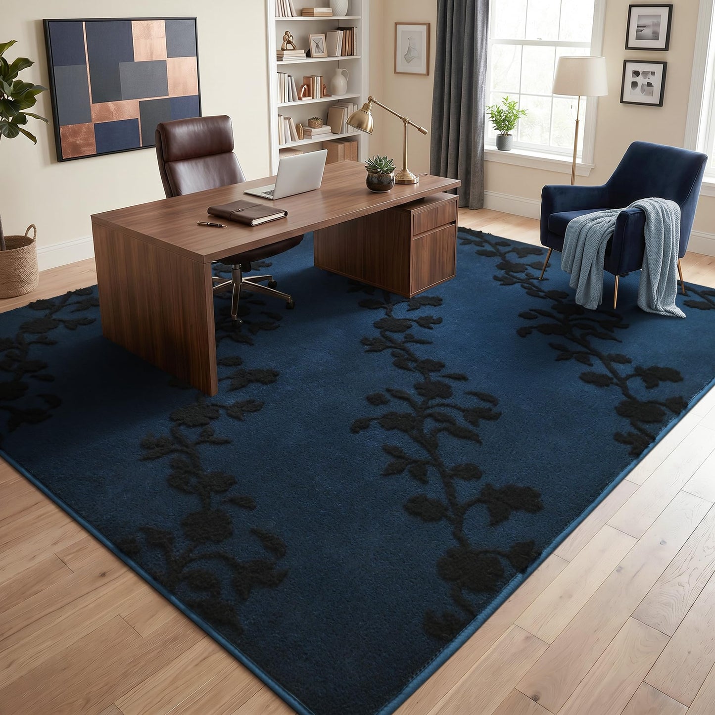 Opreine Large Area Rugs for Living Room Bedroom, 6x9 Feet Navy Blue Thickened Memory Foam Indoor Washable Rug, Black Flower Gothic Non-Slip Soft Carpets for Girls Boys Padded Rugs Dorm Room Mat