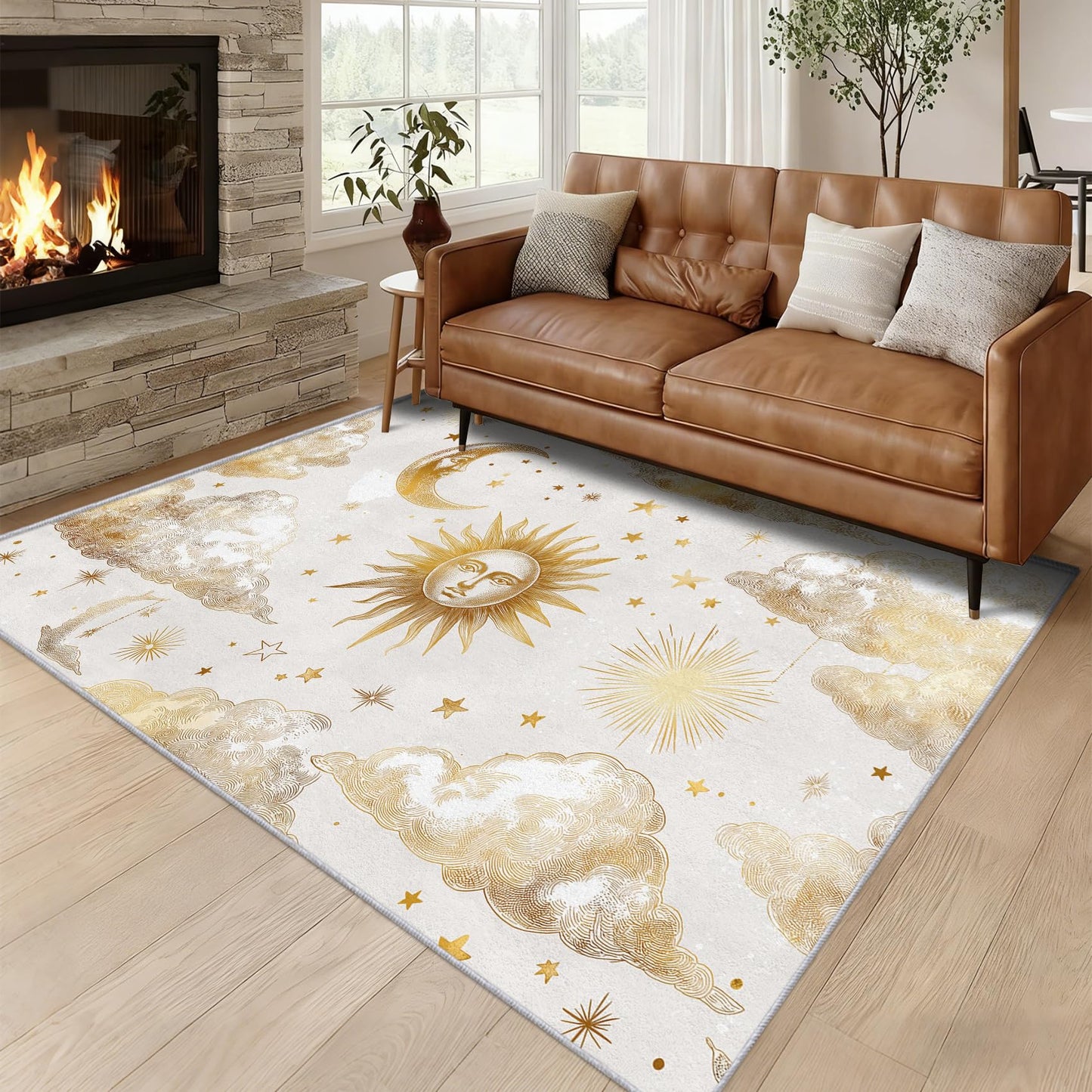 Celestial Rugs for Bedroom Decor, 8x10 ft, Mystical Astrology Clouds Stars Area Rugs for Living Room, Soft Non Slip Washable Witchy Sun and Moon Carpet Home Decorations ftx-1