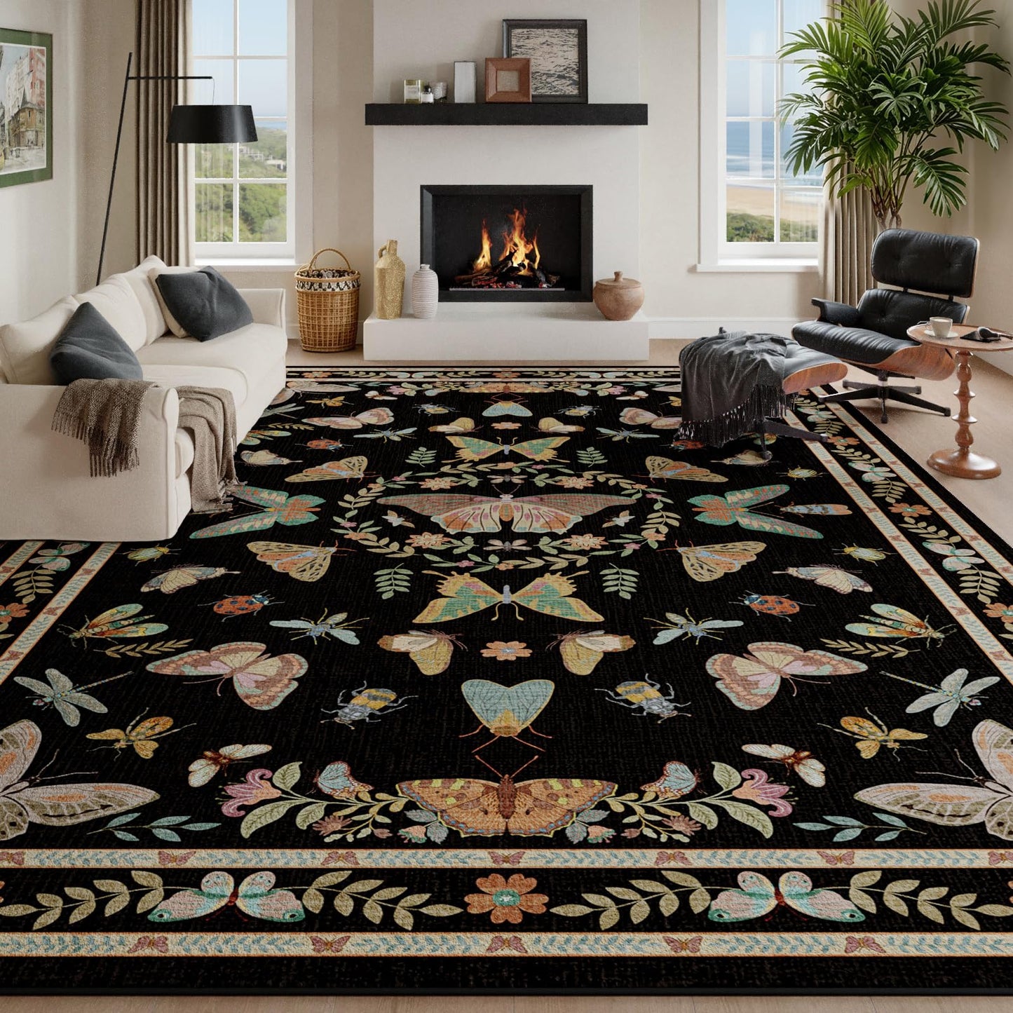 Unirea 8x10 Black Area Rug for Living Room Bedroom Under Bed, Large Washable Boho Insect Bug Rug, Non Silp Dining Room Under Table, Thin Soft Low Pile Stain Resistant Carpet for Home Office