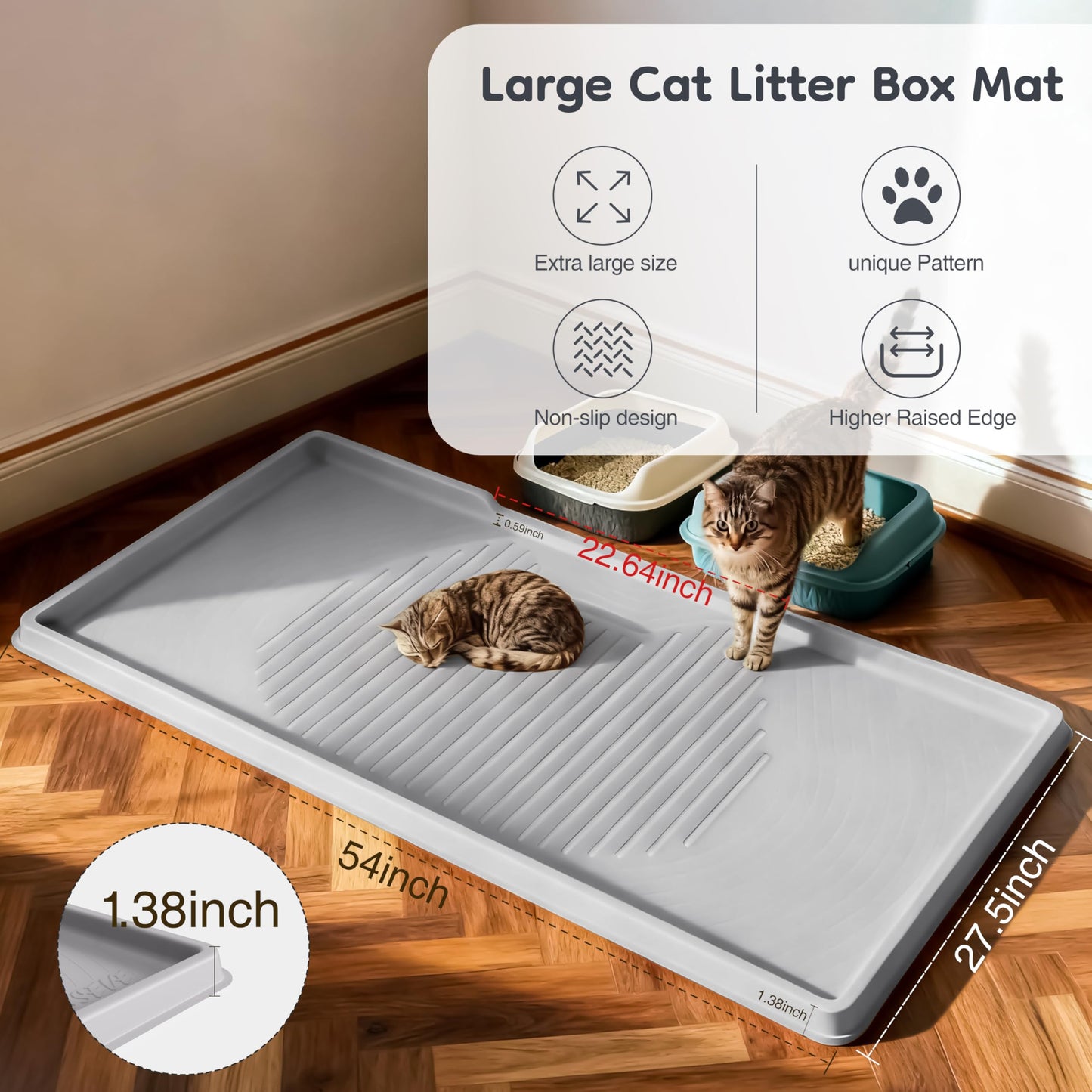 ISSEVE Cat Litter Mat 54" x 27.5" XXL, Extra Large Silicone Mat for Litter Box, 1.38" Raised Edge Urine Proof Litter Trapping Mat Pad for Scatter Control, Soft on Kitty Paws, Protect Floor (Grey)