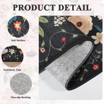 DUKINO 4x6 Feet Office Chair Mat, Lightweight Non Slip Washable Floral Area Rug, Indoor Low Pile & Non-Shedding Boho Design Rugs for Bedroom, Living Room, Dining Room, Black