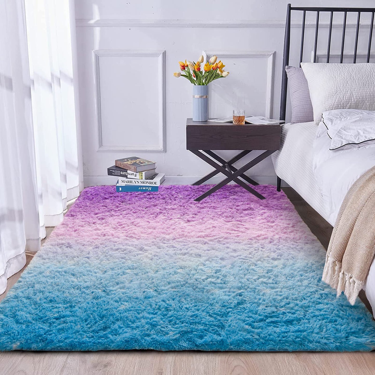 A Nice Night Shaggy Fluffy Faux Fur Area Rug, BluePurple Tie Dye Star Glitter Printed,Soft, Luxurious Carpet Rugs for Nursery Rug, Bedroom, Living Room,5'x7'