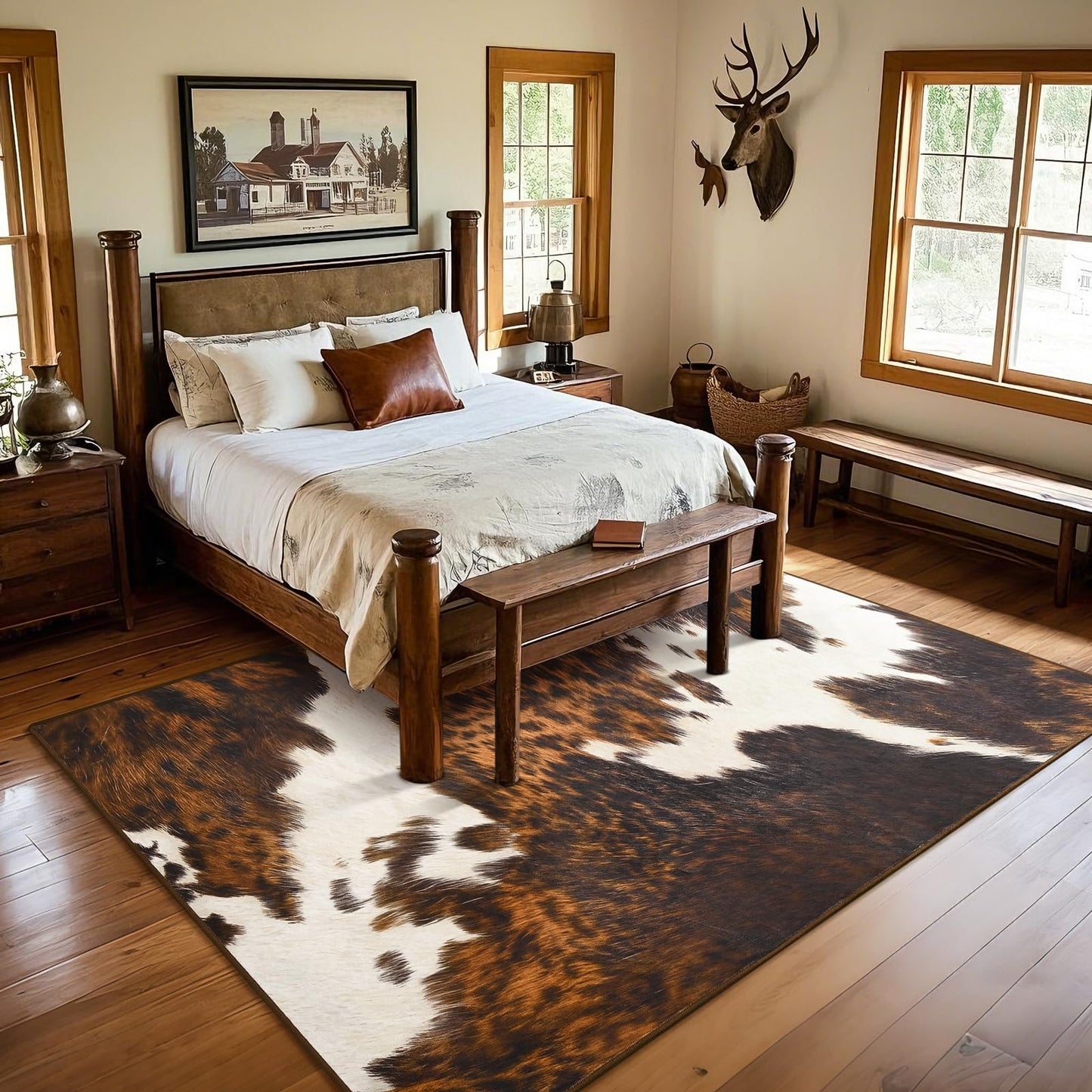 B BENRON Soft Cowhide Rug 4x6 Ft, Faux Cow Hide Rugs for Living Room Bedroom, Non-Slip TPR Backing for Hardwood Floors, Machine Washable & Easy to Clean, Pet Friendly Carpet for Kids, Brown