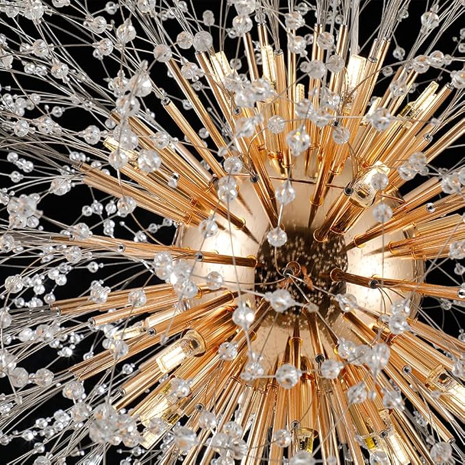 Large Dandelion Crystal Chandeliers, 24-Light Crystal Firework Pendant Lighting, 120W Gold Sputnik Hanging Chandelier Light Fixtures for Living Room Hallway