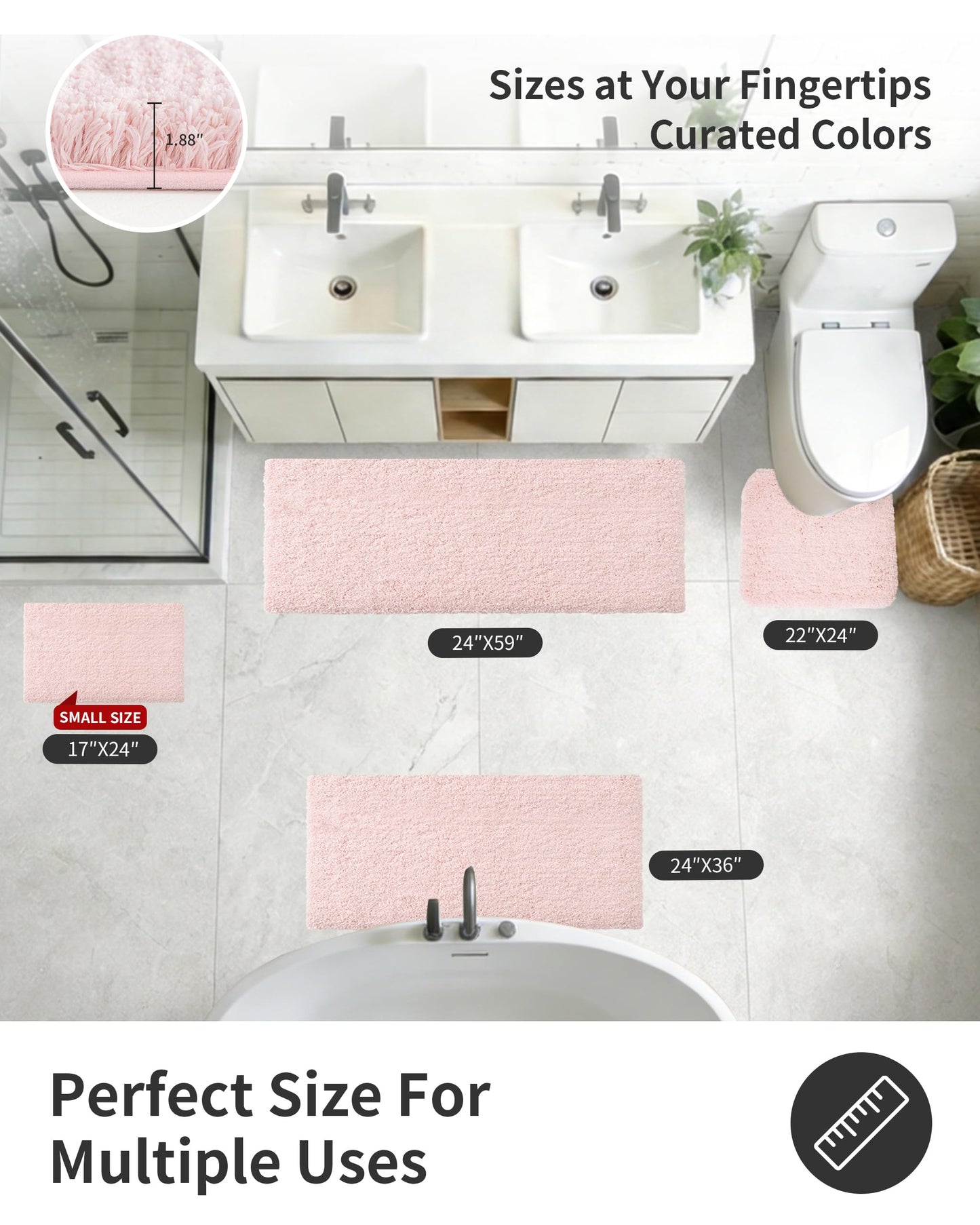 ILANGO Pink Toilet Rugs U Shaped 22" × 24" Non Slip & Super Absorbent Extra Thick Soft, Washable Bath Mats for Bathroom Floor, Microfiber Plush Shaggy Contour Bath Rugs for Toilet,Dry Quick