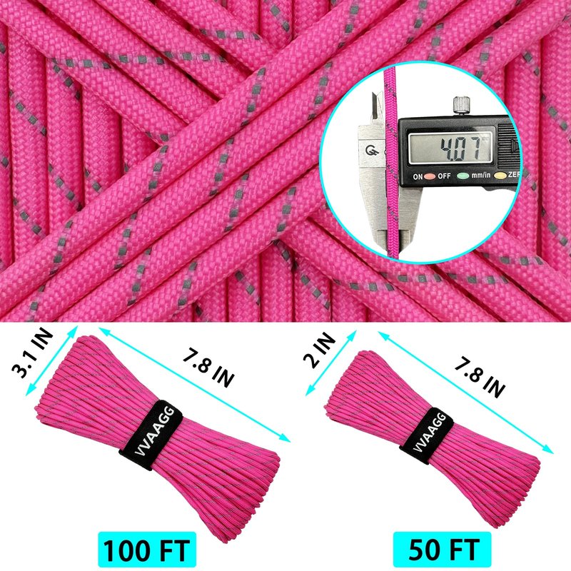 VVAAGG Pink Reflective Paracord Rope 100FT, 7 Strand Nylon para Cord Lanyard Utility 550 Parachute Cord, 4mm Thin Tent Rope for Outdoor Camping Hiking (Pink)