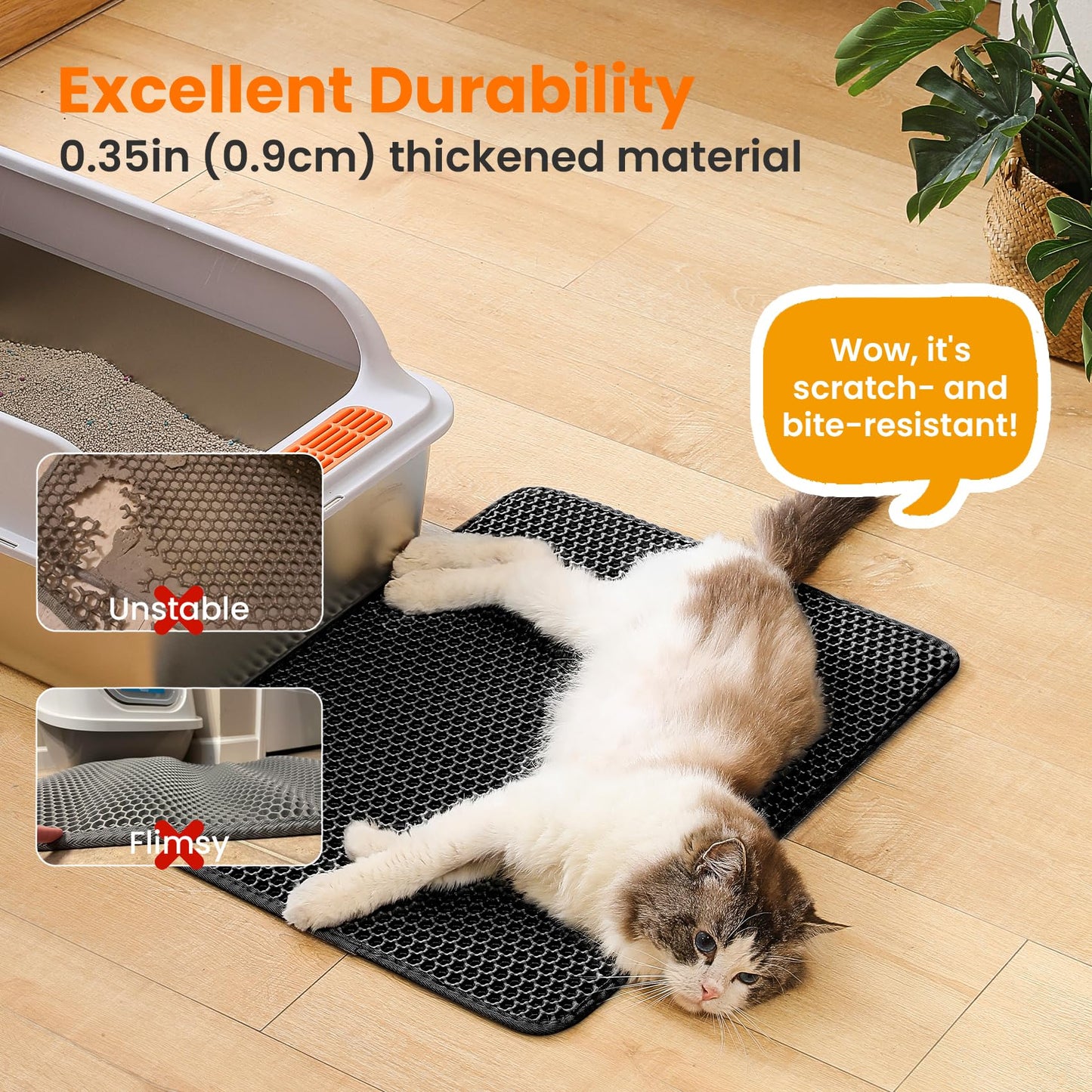 Petinstinct Cat Litter Mat, Double Layer Honeycomb Cat Litter Trapping Mat, Non Slip Waterproof Urine Proof Cat Litter Box Mat for Floor, Kitty Litter Rug, Cat Supplies, Black, 24x18 Inches