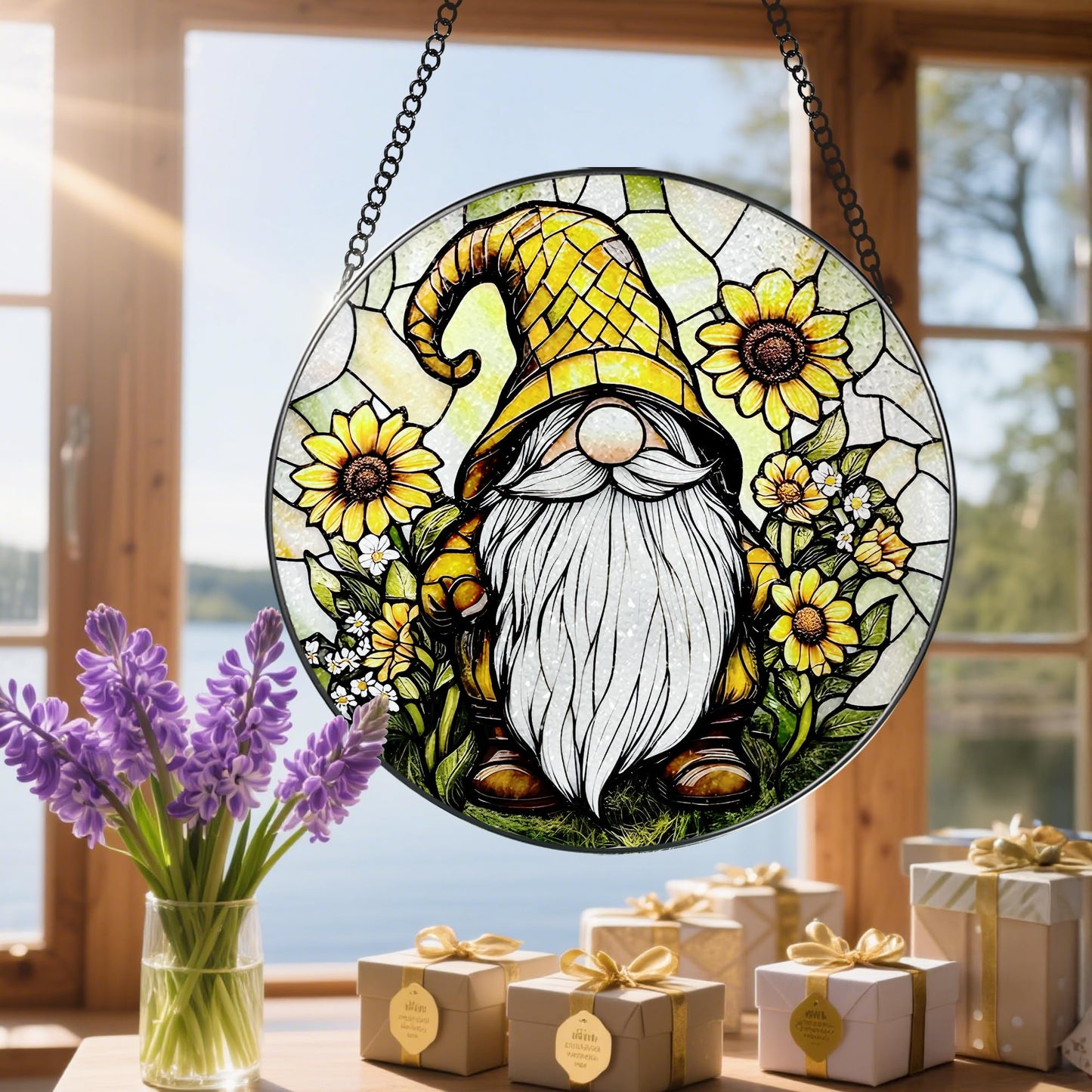 DOUHASU 8″ Stained Glass Window Hanging Ornament, Sunflower Gnome Stained Glass Suncatcher Ornament, Sun-Catcher Window Decor | Christmas & Birthday Gifts, Festival Gifts | Gift for Her