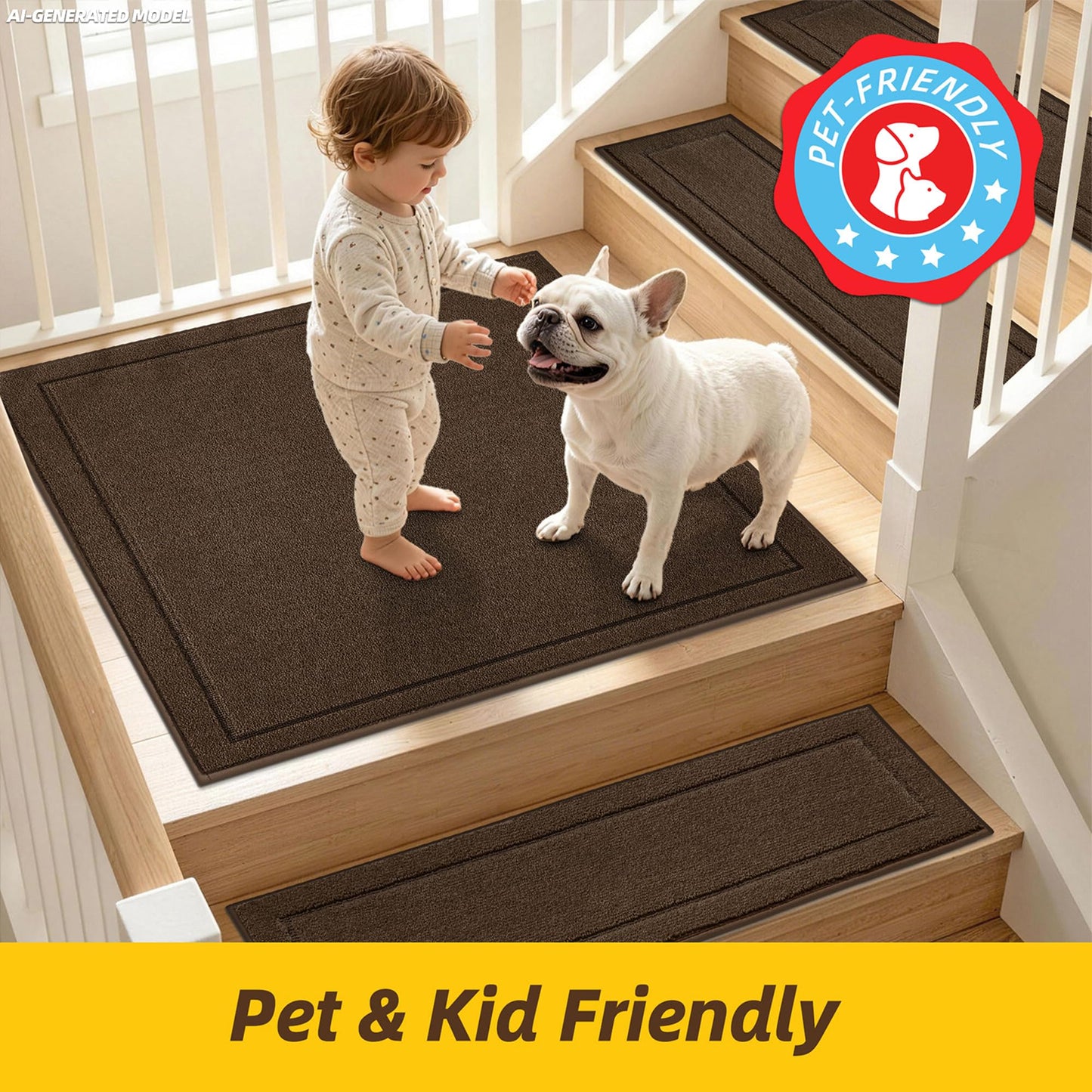 JSEI Edging Stair Treads Non-Slip Corner Indoor Stair Runners for Wooden Steps, 1 Pack 30" X 30" Landing Stair Rugs Mat for Kids and Dogs, 100% Polyester, Brown