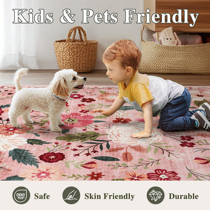 8x10 Washable Area Rug for Living Room, Floral Non-Slip Non-Shedding & Easy Care, Large Soft Low Pile Indoor Floor Carpet for Living Room, Bedroom, Farmhouse, Dining Room, Kids Playroom, Pink