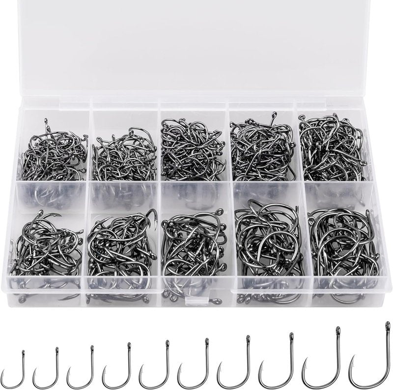 ReeMoo Premium Fishing Hooks - 500PCS Carbon Steel Set | 10 Sizes with Portable Box for Freshwater & Seawater