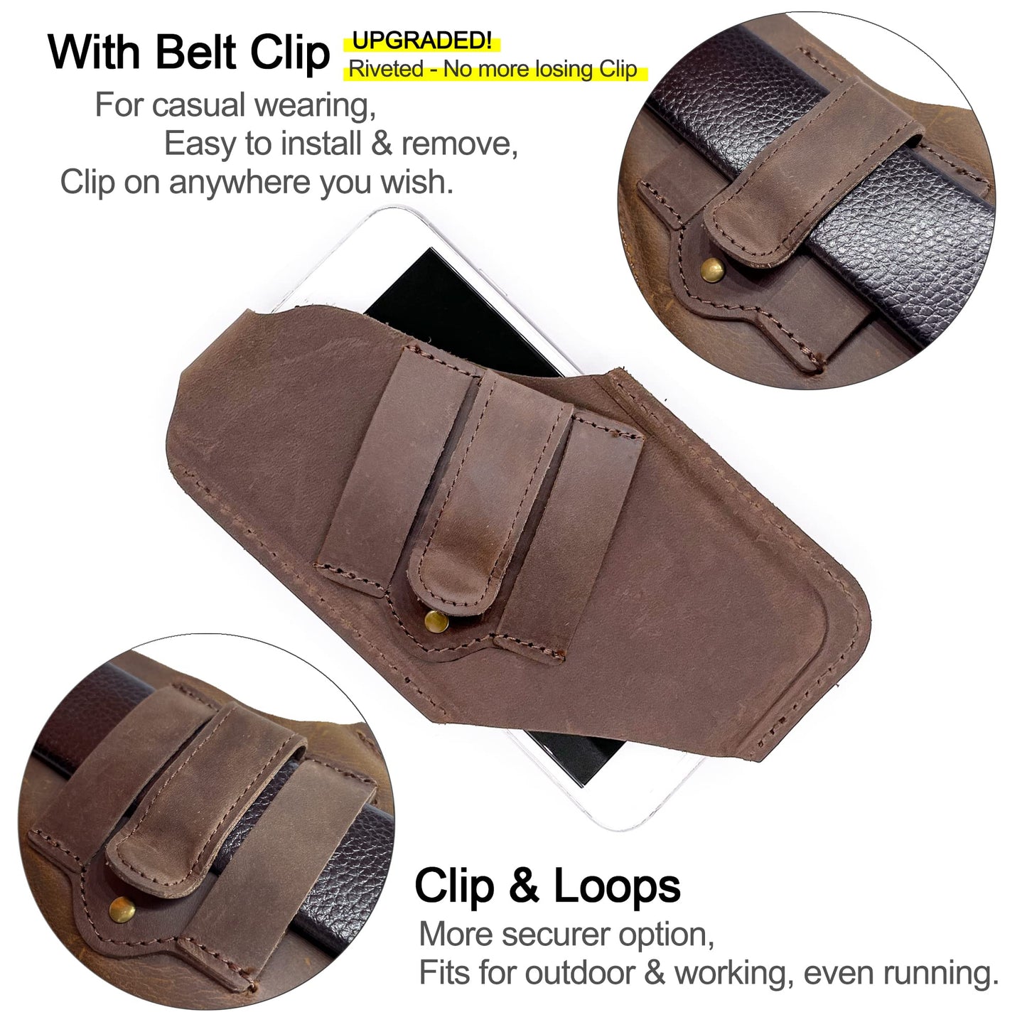 TobbinGear Leather Cell Phone Holster with Belt Clip, Universal Phone Holster for Men Belt Holder, Leather Case for iPhone, Samsung Galaxy Phones, Dark Brown, Large