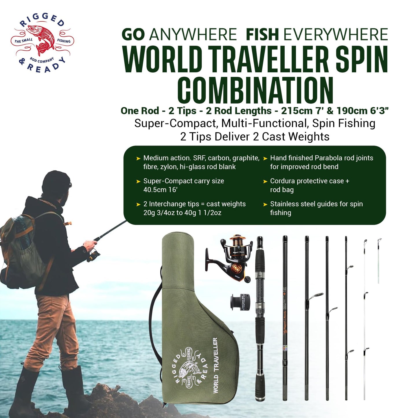 Rigged and Ready World Traveller Rod Reel Case Combination + 2 Tips 215+190cm (7'+6'3") Angling Travel Pole. Bait Carp Pike Spinning Rod for Freshwater Saltwater Sea Fishing