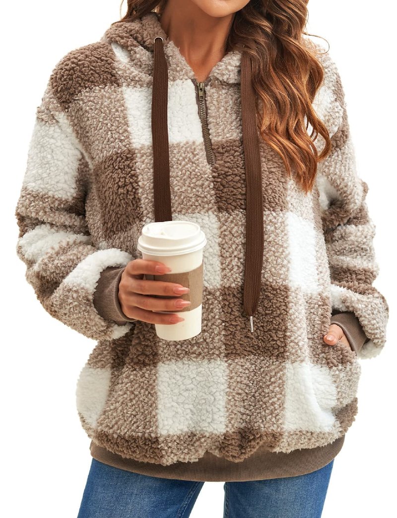ReachMe Womens Oversized Sherpa Pullover Hoodie with Pockets Fuzzy Fleece Sweatshirt Plaid Fluffy Jacket Coat(B0 Khaki,XL)