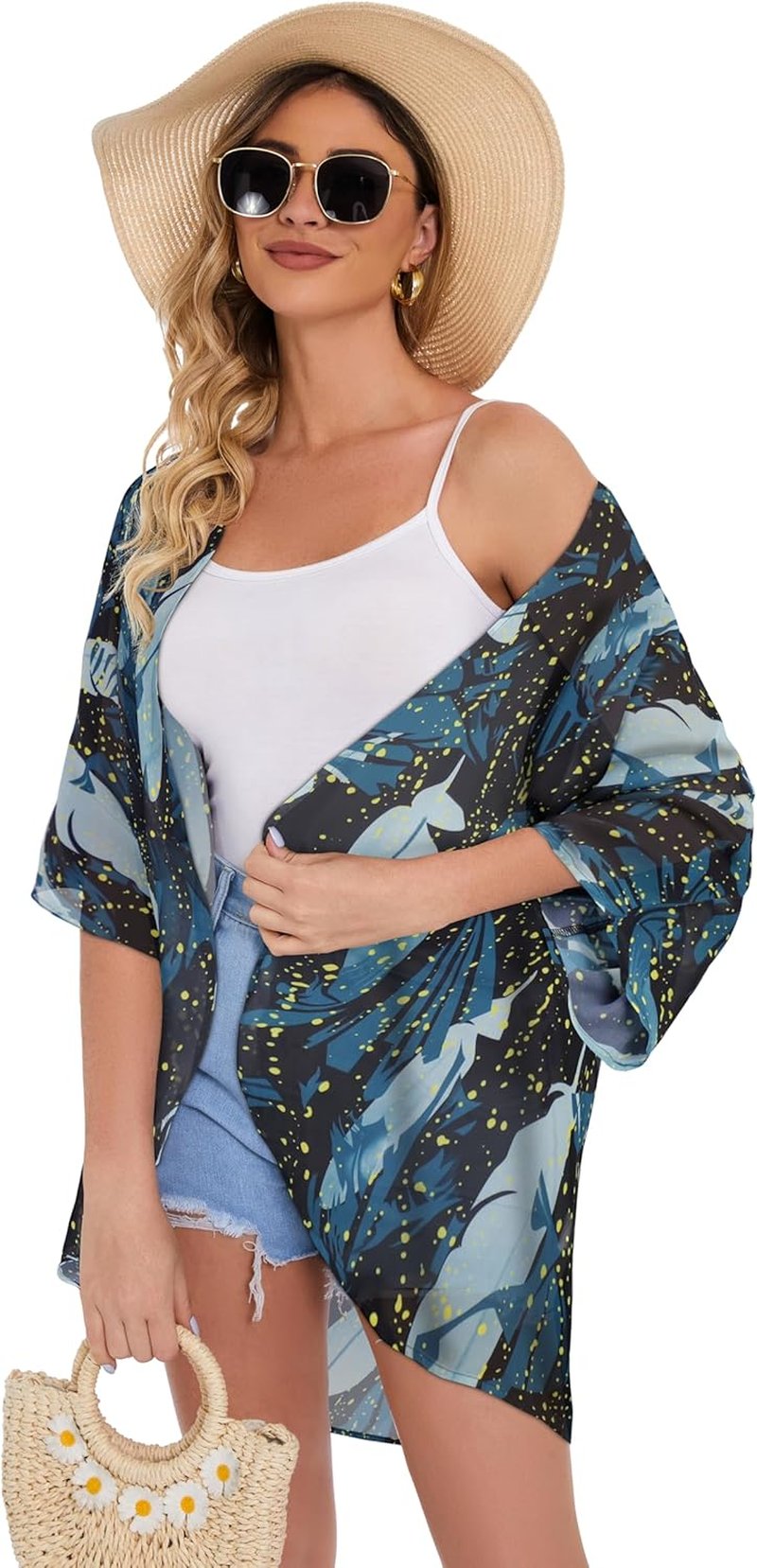 Floral Print Puff Sleeve Kimono Cardigan - Casual Women's Cover-Up Blouse Tops