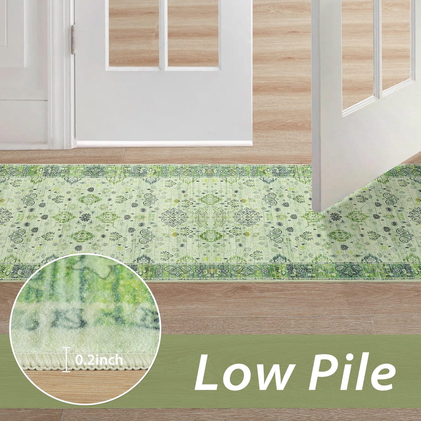 Przemy Runner Rug for Bedroom, 2x6Ft Washable Non-Slip Area Rugs,Small Floral Carpet for Entryway Hallway Girls's Bedside Living Room, Green
