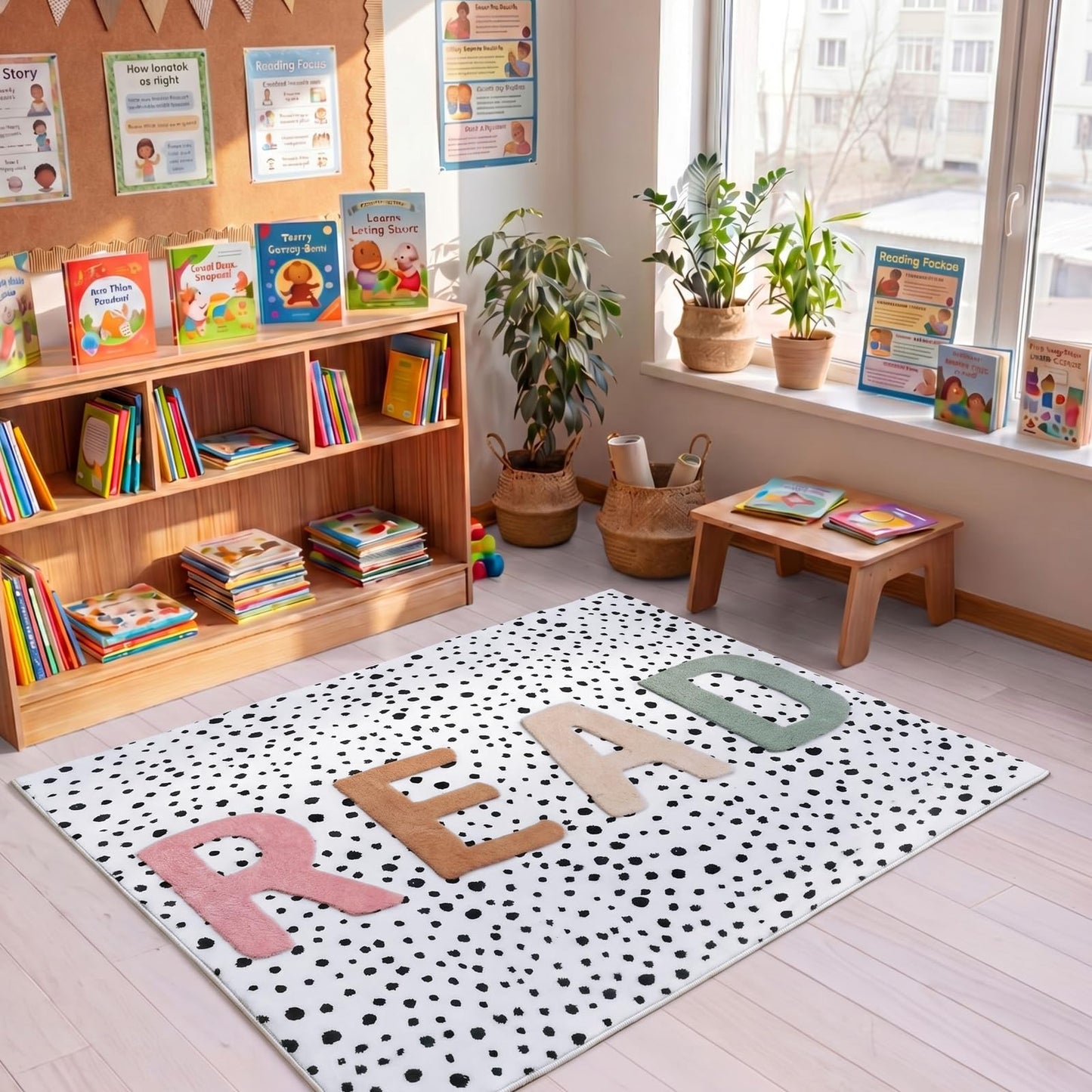 Dunzy Boho Classroom Read Rug 47x39 Inch Reading Corner Rug Back to School Decor Soft Pastel Anti Skid Read Carpets for Back to School Classroom Library Preschool Nursery Daycare Playroom