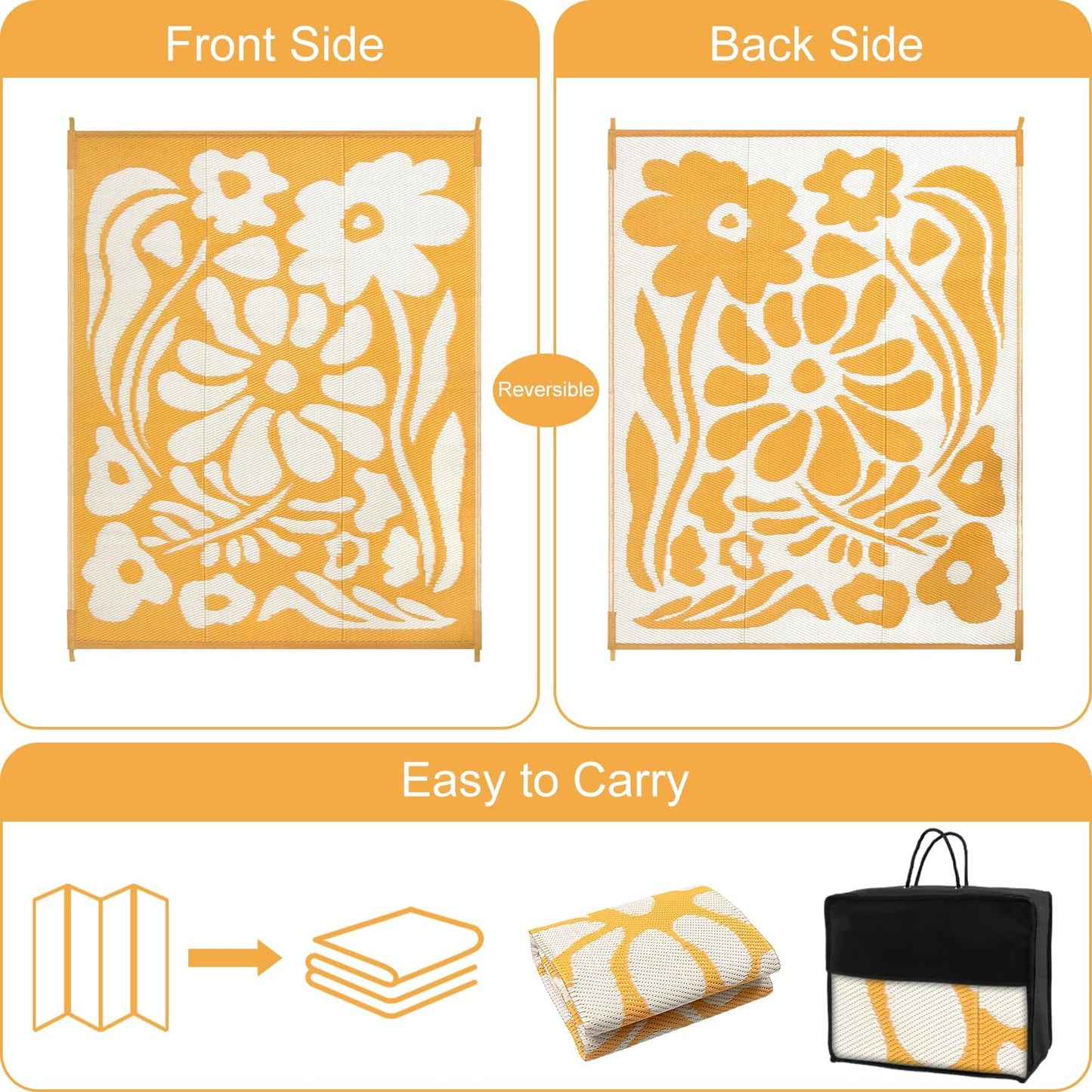 Uphome Outdoor Rugs 8x10 Waterproof, Reversible Orange Floral RV Camping Rug, Patio Plastic Straw Outside Rug, Large Foldable Outdoor Mat Carpet for Backyard Deck Pool Balcony Picnic Beach, 8'x10'