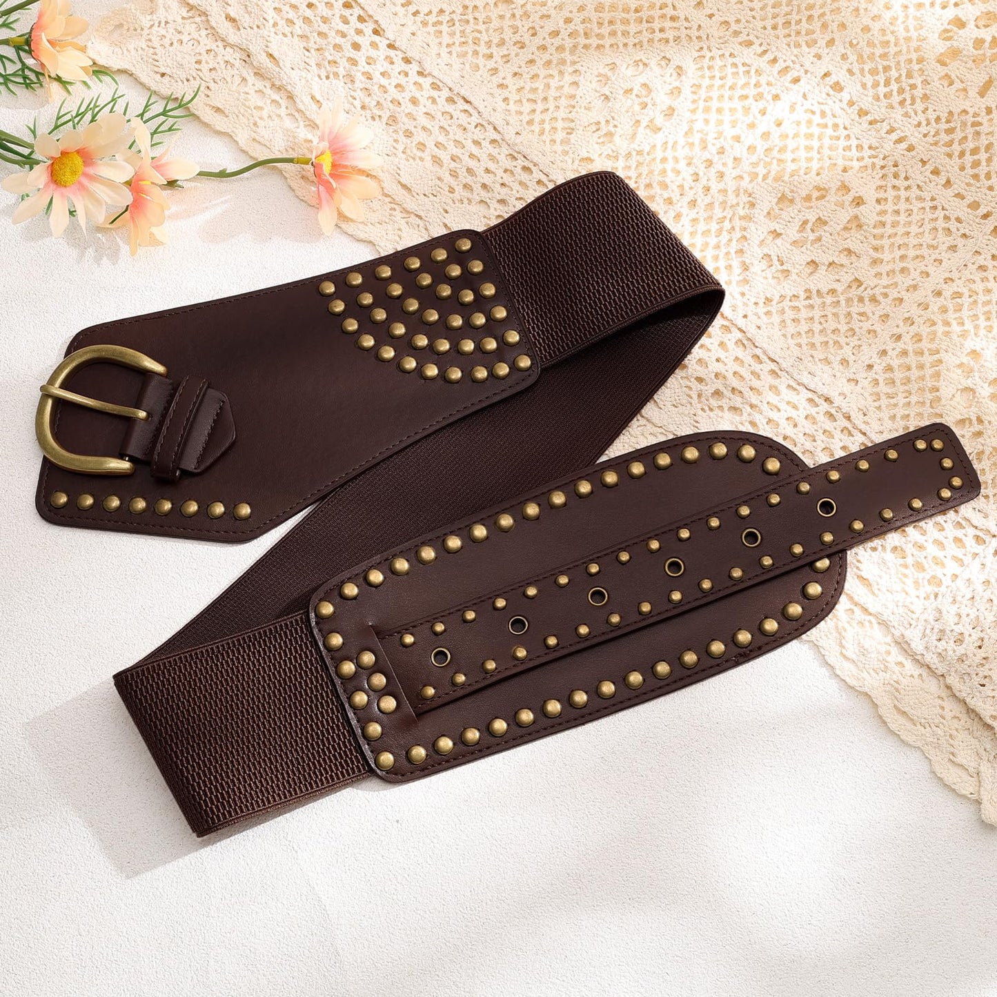 JASGOOD Women Vintage Wide Elastic Belt Rivets Studded Stretchy Waist Belt with Metal Buckle