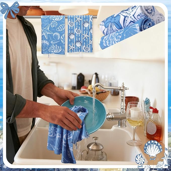 Breling Set of 6 Coastal Beach Kitchen Towels Blue Bow Dish Towel Bathroom