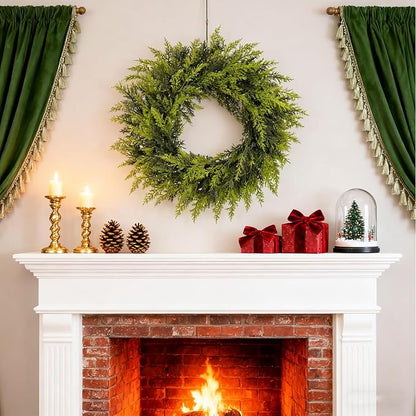 Real Touch Artificial Cedar Wreath 24" Fake Christmas Wreaths for Front Door Faux Pine Greenery Wreaths for Home,Window,Table,Mantle,Wall,Indoor,Outdoor Xmas Decorations