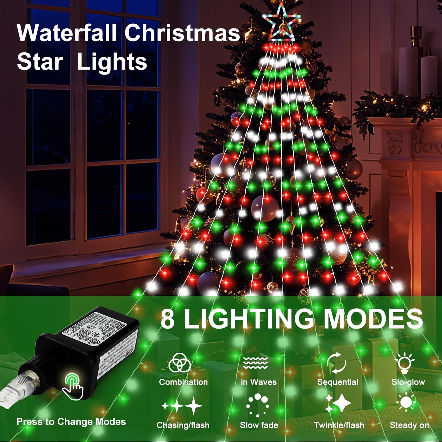 Christmas Decoration Lights, Outdoor Christmas String Lights 320 LED 11.5 Ft Waterfall Tree Light with Big Star Topper 8 Light Modes for Xmas New Year Holiday Garden Yard Indoor Outdoor Decor