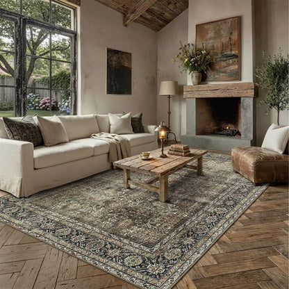 PureCozy Vintage Area Rug 8x10 Brown Washable Living Room Large Carpet Non Slip Bedroom Indoor Office Low Pile Traditional Distressed Retro Accent Rug for Dining Room