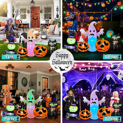8FT Long Halloween Inflatables Outdoor Decorations, Inflatable Pumpkin and Ghost Black Cat Halloween Decorations with Built-in RGB LEDs Blow Up Inflatable for Halloween Party Garden Yard Lawn