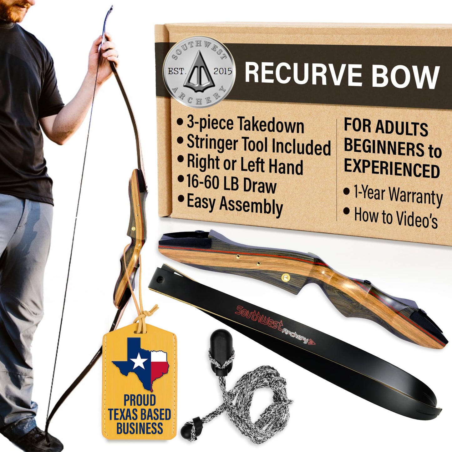 Spyder Takedown Recurve Bow - Hunting & Target Bow - Fast, Accurate, Versatile - Handcrafted Riser - Fiber Glass Maple Limbs - 62" Right Hand, 29lb with Stringer Tool
