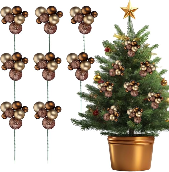 8 Pcs Brown Christmas Tree Picks 7.87 Inch Christmas Balls Ornaments Xmas Hanging Decorations for Xmas Tree Topper DIY Wreath Holiday Floral Vase Fillers Crafts Home Decor