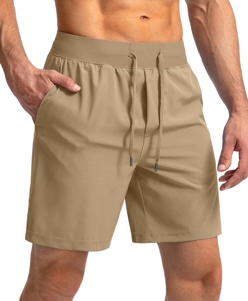Soothfeel Men's Running Shorts with Zipper Pockets 7 Inch Lightweight Quick Dry Gym Athletic Workout Shorts for Men (Dark Khaki, S)