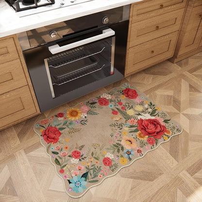 Washable Entryway Small Area Rugs: Door Mat Indoor Entrance 2x3 Floral Rug Ultra Thin Stain Resistant Non Slip Low Pile Lightweight Carpet for Kitchen, Front Door, Small Spaces Decor (Khaki)