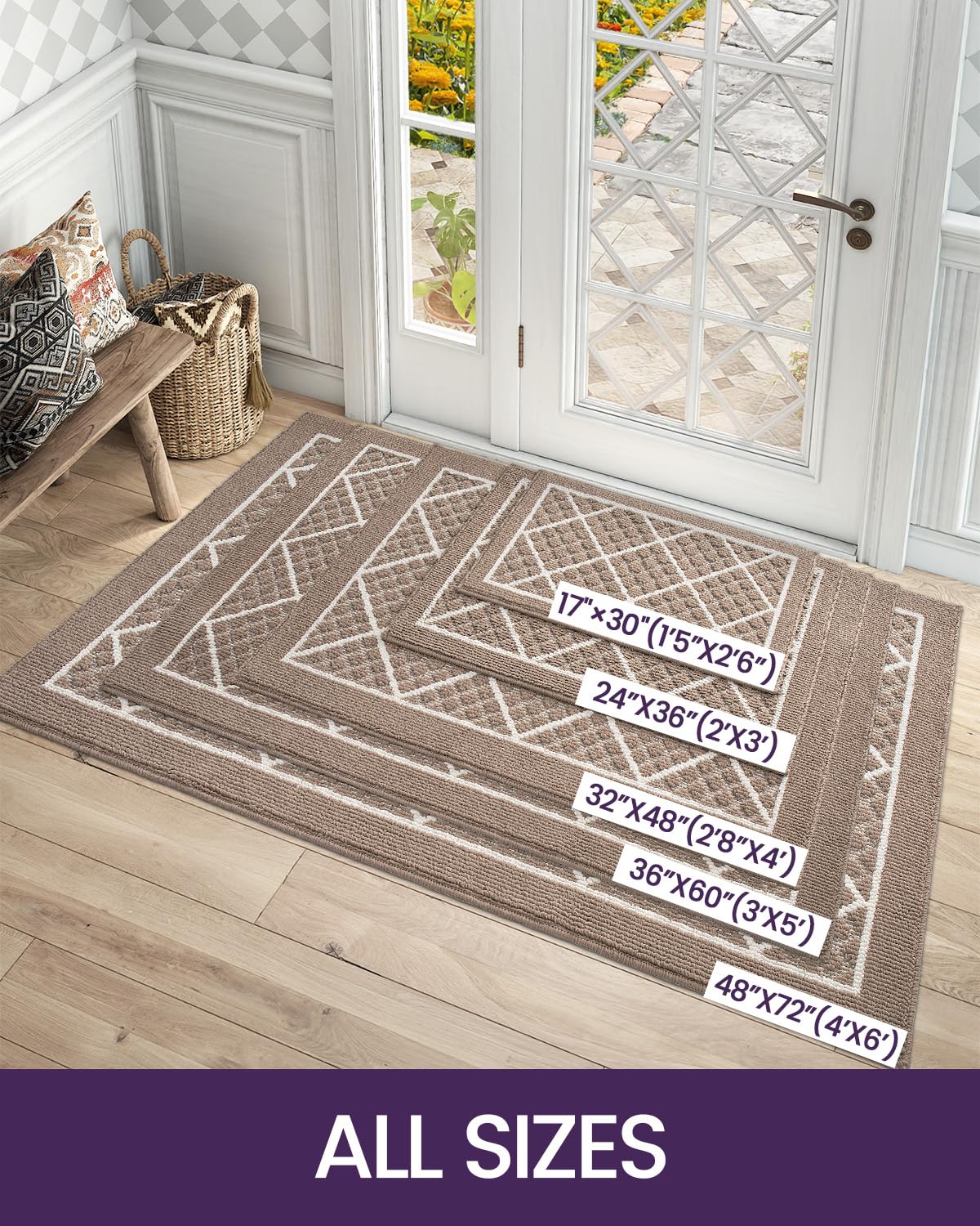DEXI Front Door Mat 17x30, Non Slip Absorbent Entryway Doormat, Low Profile Thin Washable Entry Mats for Inside Home Entrance, Garage, Patio, Beige