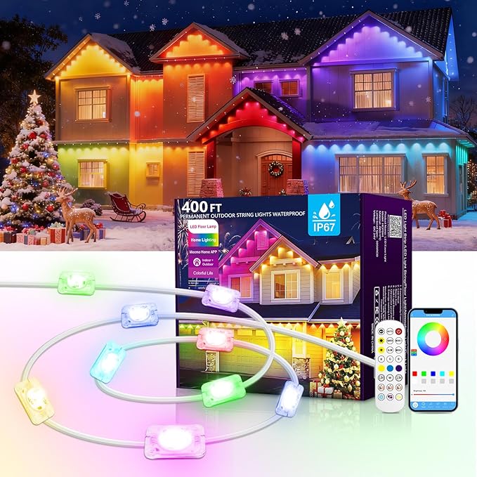 400FT Christmas Permanent Outdoor Lights,RGB+IC Eaves Lights with App & Remote Control,DIY Multi-Color Scene Modes,IP67 Waterproof,Outdoor Strings for House,Holiday Decorations for Christmas