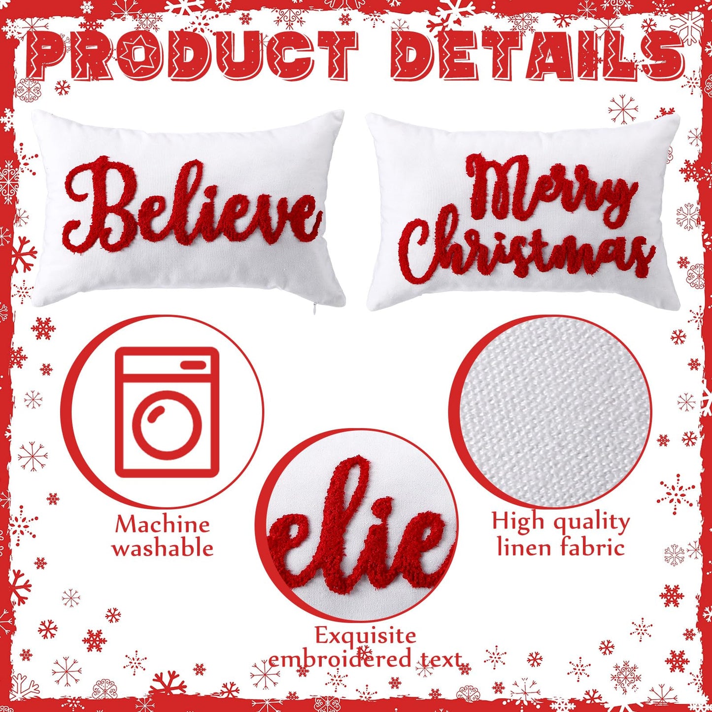 Jetec Set of 2 Christmas Throw Pillow Covers 12x20 Inch Merry Christmas Believe Embroidery Pillow Covers Farmhouse Throw Cushion Case for Home Living Room Bedroom Holiday Parties and Gifts
