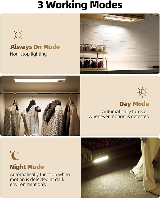 EZVALO 12inch Under Cabinet Lighting Wireless with Battery Indicator, 2500mAh Rechargeable Motion Sensor Light Indoor, 96 LED Under Counter Lights for Kitchen Closet, 3 Color Temps, Dimmable, 3 Pack