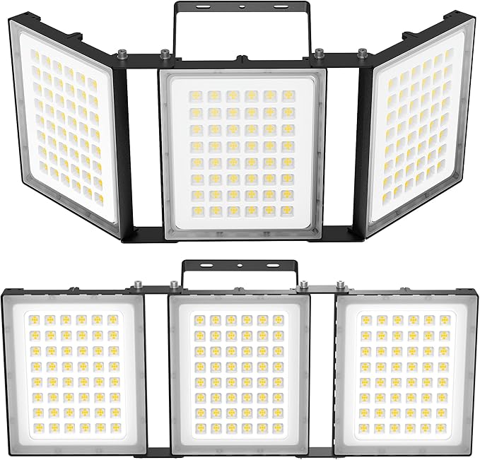 600W LED Flood Light Outdoor, 60000LM Super Bright Stadium Light, IP66 Waterproof 6000K Daylight, 3 Heads Adjustable Outdoor Floodlights for Backyard, Parking Lot,Stadium, Field(2 Pack)