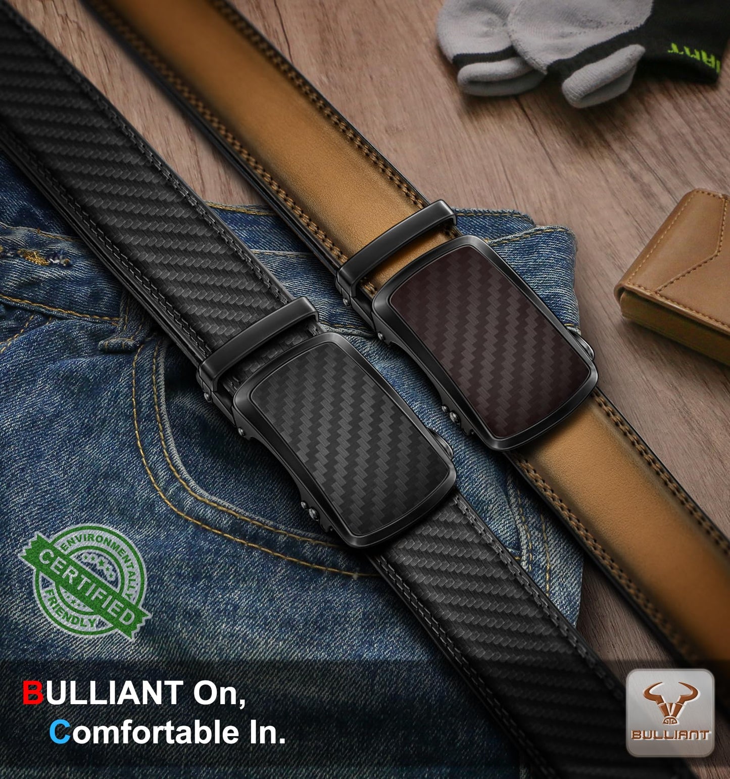BULLIANT Men's Ratchet Belt 2 Pack-Click Leather Belt Adjustable for Men Gift 1 3/8-Cut for Perfect Fit(Black/Tawny,34"-40" Waist Adjustable)