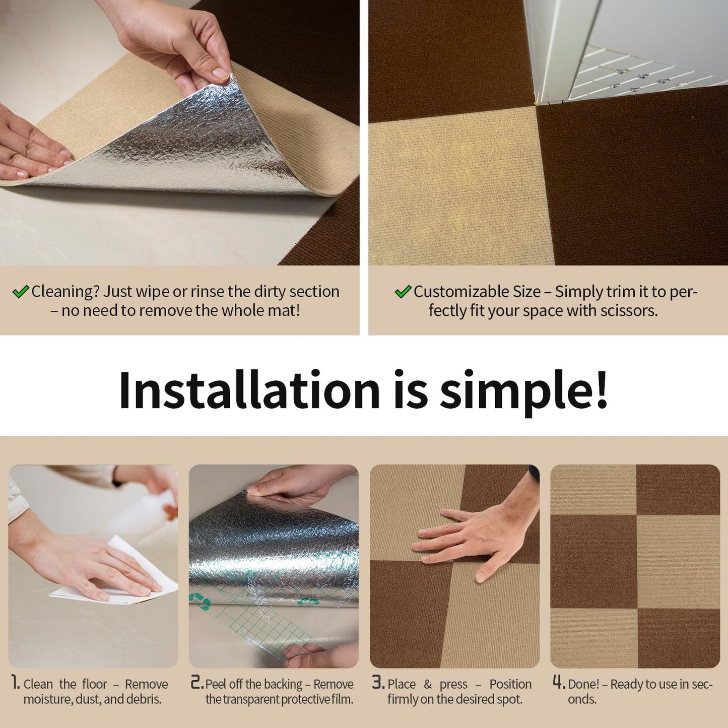 AKIVIDA Carpet Tiles Peel and Stick, 12”x 12” Non-Slip Self Adhesive Squares Carpet Floor Tile, 10Pcs DIY Reusable Waterproof Carpet for Gym Living Room Bedroom