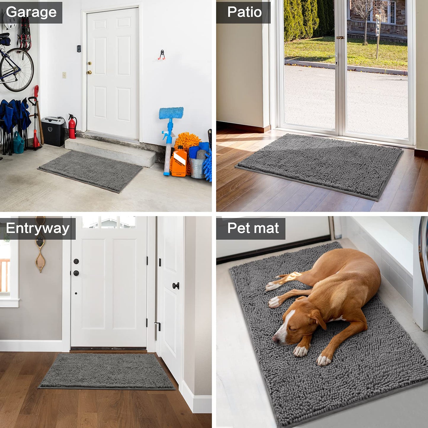 HOMEIDEAS Dog Door Mat for Muddy Paws 30x20, Absorbs Moisture and Dirt, Non-Slip Washable Doormat, Soft Chenille Mud Mat for Dogs, Entry Indoor Entryway Carpet for Outside Floor, Grey