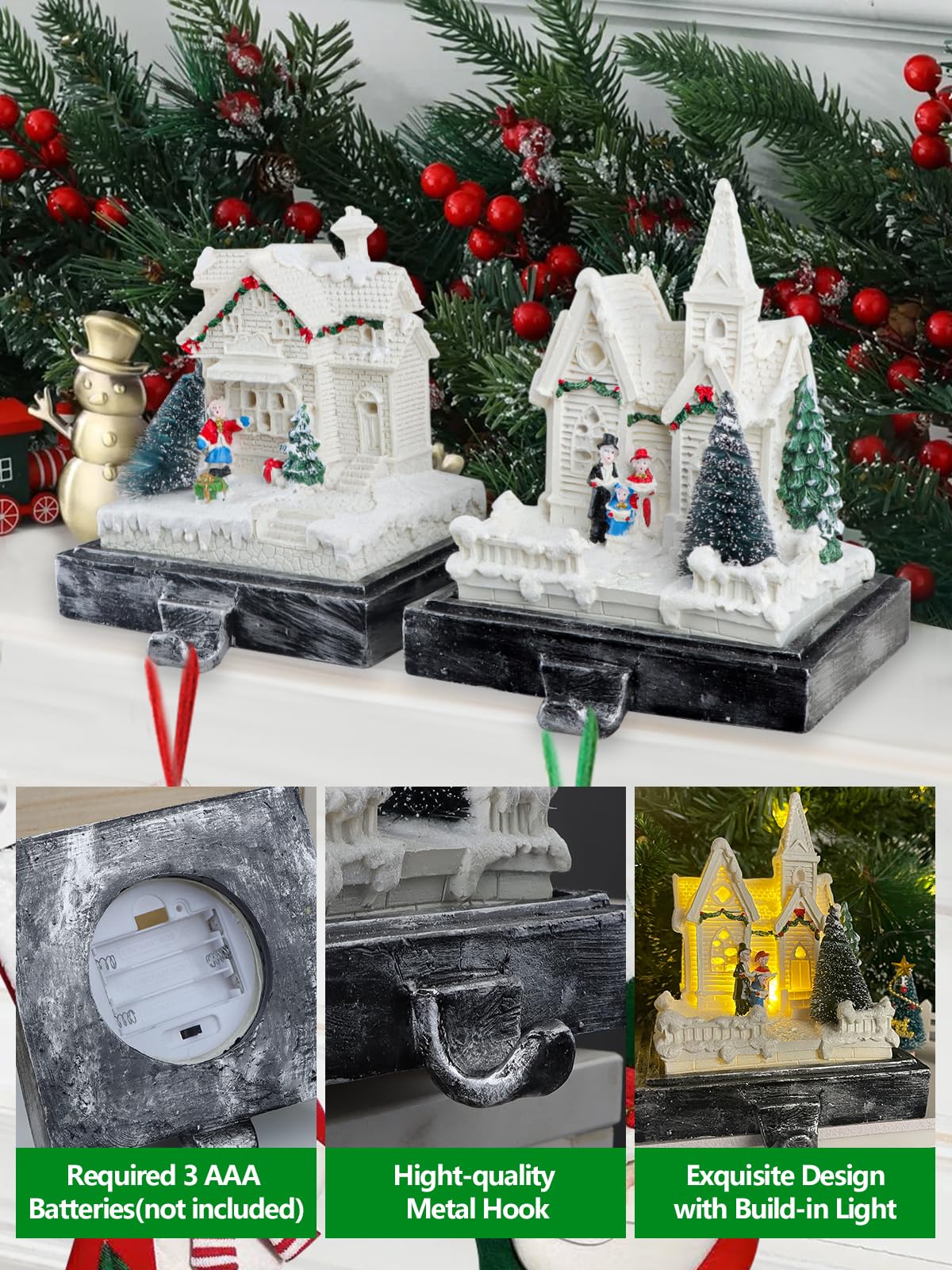 Kalolary Christmas Stocking Holders for Mantle,Set of 2 Christmas Village House Stocking Hangers with LED Lights Weighted Christmas Resin House Stocking Hooks for Fireplace Counter Window Party Decors