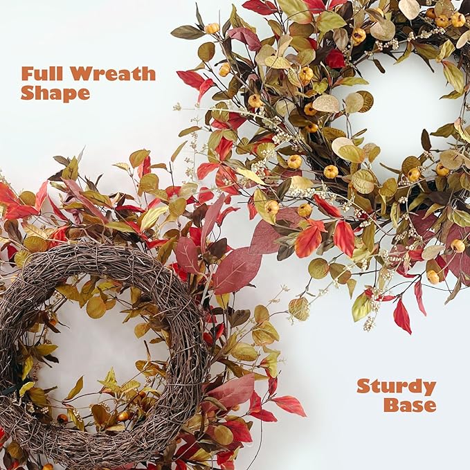 22 Inch Fall Wreath for Front Door Berry Autumn Wreath with Green and Purple Leaves, Large Grapevine Wreaths for Fall Door Decor Farmhouse Wall Window Home Decoration