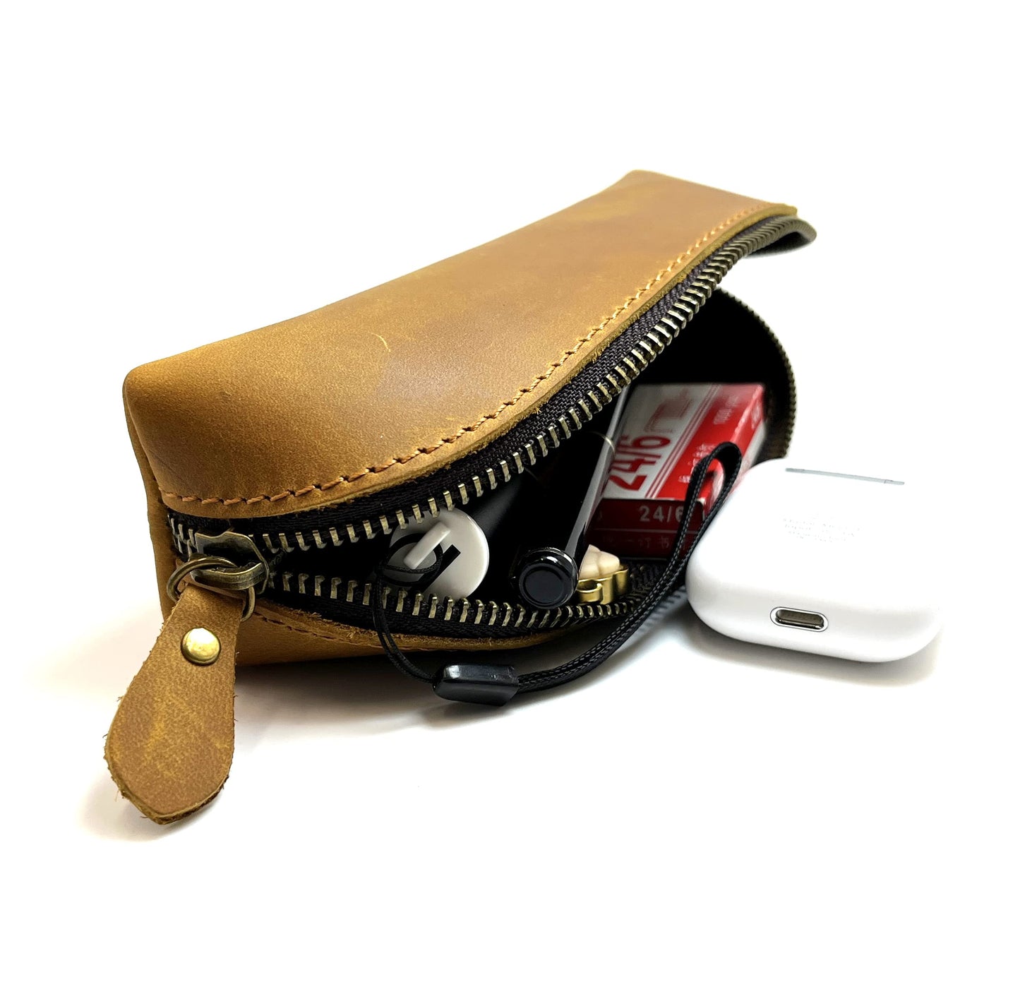 Craoopii Leather Pen Case Pencil Bag Pouch With Zipper Pen Holders Handmade Genuine Leather For Men Women Businessmen And Artists Home Work Office (Brownish yellow)