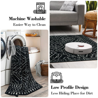 Wonnitar Moroccan Washable Rug 4x6, Black Boho Living Room Area Rug, Non-Slip Farmhouse Bedroom Carpet Dorm Room Throw Rug, Low Pile Soft Accent Mat for Kitchen Entry Office (Black,4'x6')