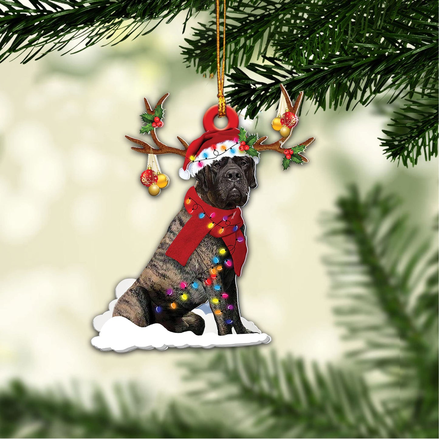 Talataca Brindle English Mastiff Christmas Hat Reindeer With String Light 2D Flat Car Rear View Mirror Accessories Christmas Tree Ornament Decoration Hanging Charm Interior Rearview Pendant Decor Gift